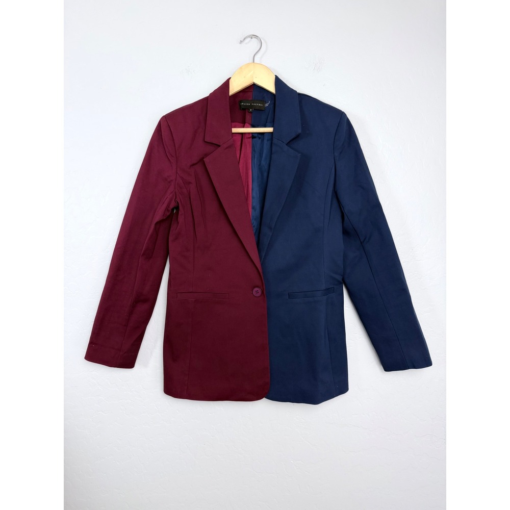 English Factory Women Burgundy Navy Blue Colorblock One Button Blazer Jacket S